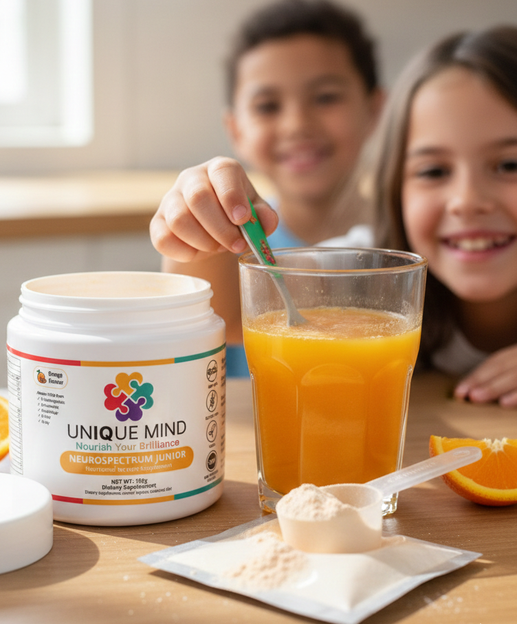 Children enjoying a glass of orange juice with a container of 'Unique Mind' supplement on a table.