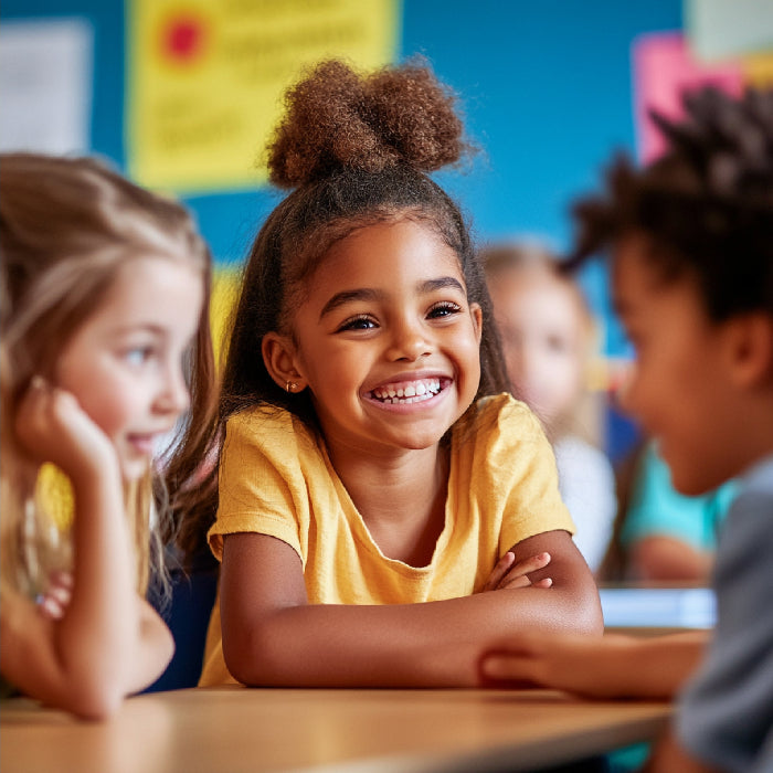 Children sitting at a table in a classroom setting